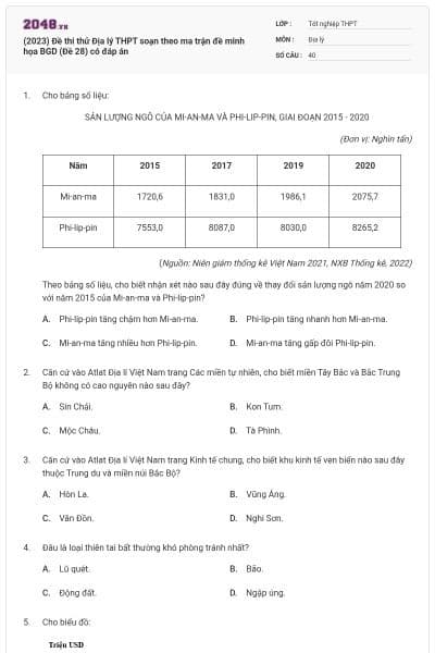 (2023) Đề thi thử Địa lý THPT soạn theo ma trận đề minh họa BGD (Đề 28) có đáp án