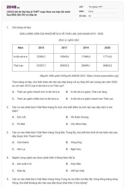 (2023) Đề thi thử Địa lý THPT soạn theo ma trận đề minh họa BGD (Đề 29) có đáp án