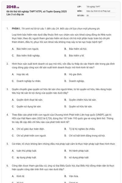 Đề thi thử tốt nghiệp THPT KTPL sở Tuyên Quang 2025 Lần 3 có đáp án
