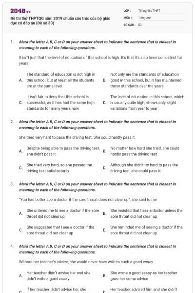 Đề thi thử THPTQG năm 2019 chuẩn cấu trúc của bộ giáo dục có đáp án (Đề số 30)