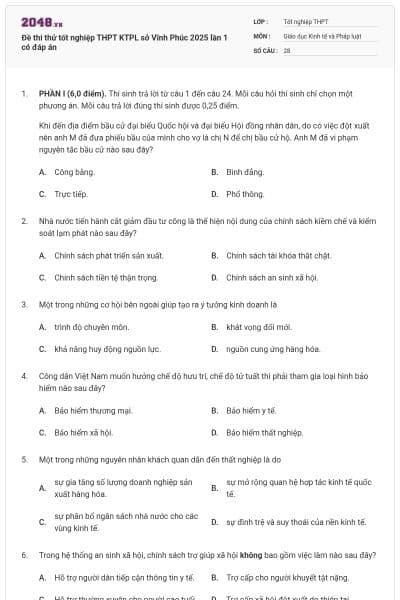 Đề thi thử tốt nghiệp THPT KTPL sở Vĩnh Phúc 2025 lần 1 có đáp án