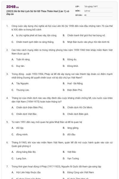 (2023) Đề thi thử Lịch Sử Sở GD Thừa Thiên Huế (Lần 1) có đáp án