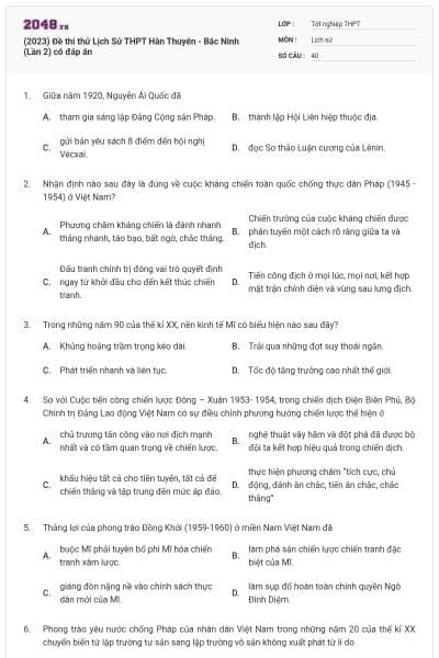 (2023) Đề thi thử Lịch Sử THPT Hàn Thuyên - Bắc Ninh (Lần 2) có đáp án