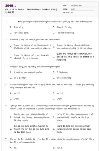 (2023) Đề thi thử Vật Lí THPT Phú Dực - Thái Bình (Lần 1) có đáp án