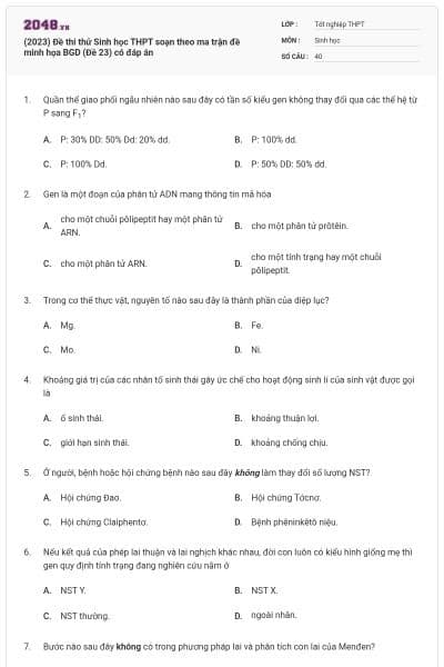 (2023) Đề thi thử Sinh học THPT soạn theo ma trận đề minh họa BGD (Đề 23) có đáp án