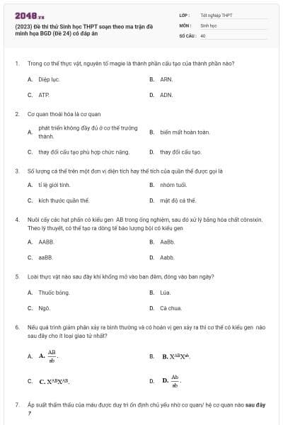 (2023) Đề thi thử Sinh học THPT soạn theo ma trận đề minh họa BGD (Đề 24) có đáp án