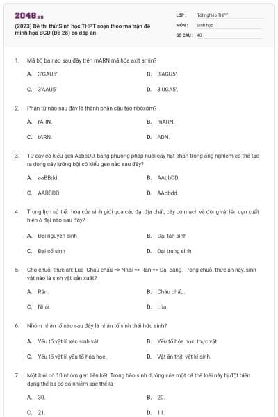 (2023) Đề thi thử Sinh học THPT soạn theo ma trận đề minh họa BGD (Đề 28) có đáp án