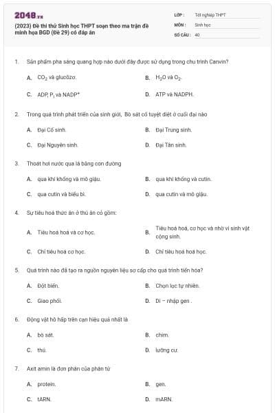(2023) Đề thi thử Sinh học THPT soạn theo ma trận đề minh họa BGD (Đề 29) có đáp án