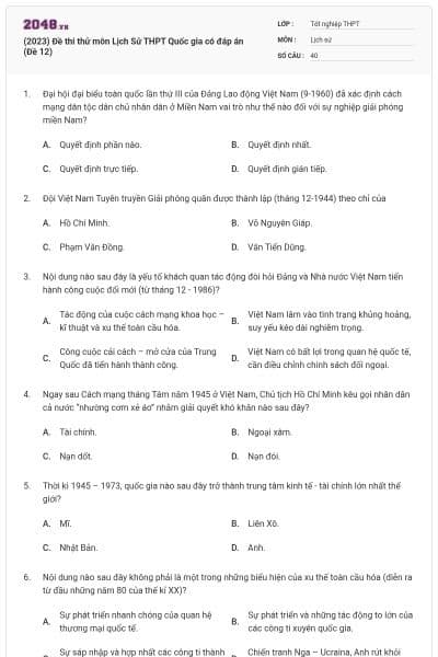 (2023) Đề thi thử môn Lịch Sử THPT Quốc gia có đáp án (Đề 12)