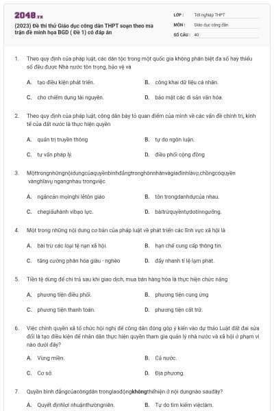 (2023) Đề thi thử Giáo dục công dân THPT soạn theo ma trận đề minh họa BGD ( Đề 1) có đáp án