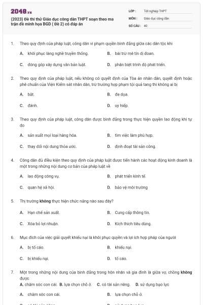 (2023) Đề thi thử Giáo dục công dân THPT soạn theo ma trận đề minh họa BGD ( Đề 2) có đáp án