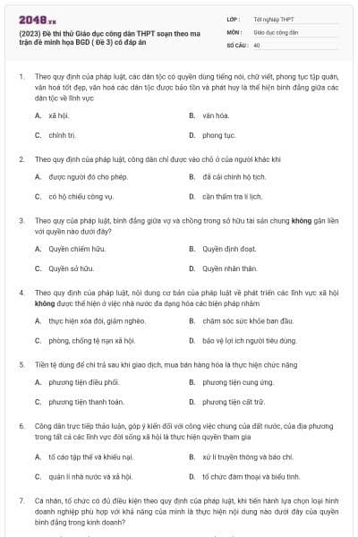 (2023) Đề thi thử Giáo dục công dân THPT soạn theo ma trận đề minh họa BGD ( Đề 3) có đáp án