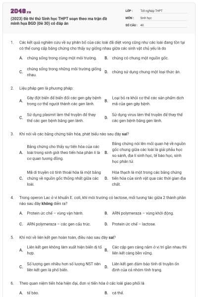 (2023) Đề thi thử Sinh học THPT soạn theo ma trận đề minh họa BGD (Đề 30) có đáp án