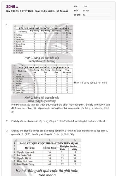 Giải SGK Tin 8 CTST Bài 6: Sắp xếp, lọc dữ liệu (có đáp án)