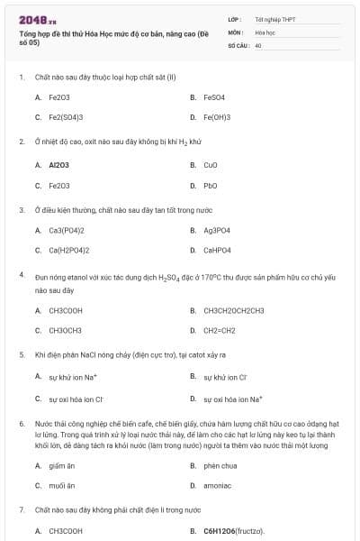 Tổng hợp đề thi thử Hóa Học mức độ cơ bản, nâng cao (Đề số 05)