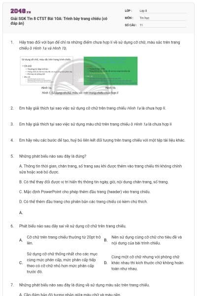 Giải SGK Tin 8 CTST Bài 10A: Trình bày trang chiếu (có đáp án)