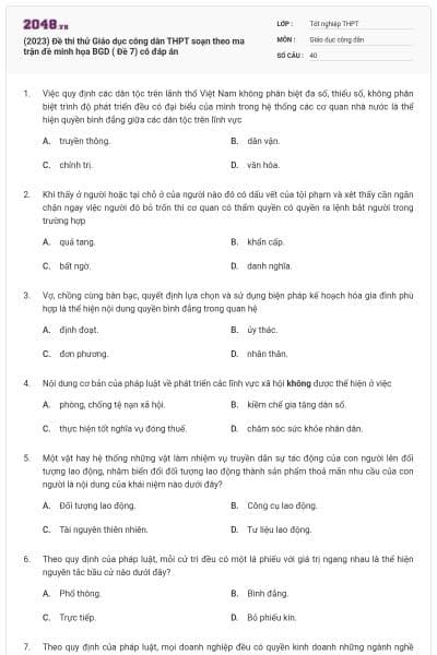 (2023) Đề thi thử Giáo dục công dân THPT soạn theo ma trận đề minh họa BGD ( Đề 7) có đáp án