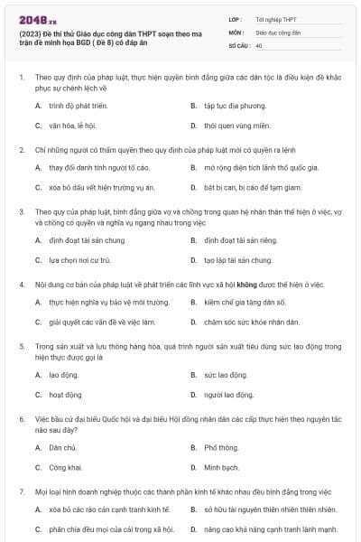 (2023) Đề thi thử Giáo dục công dân THPT soạn theo ma trận đề minh họa BGD ( Đề 8) có đáp án
