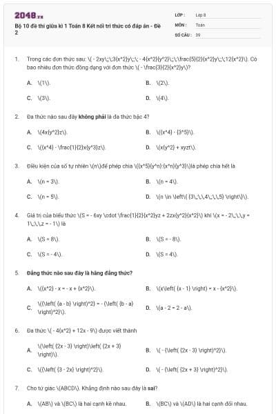Bộ 10 đề thi giữa kì 1 Toán 8 Kết nối tri thức có đáp án - Đề 2
