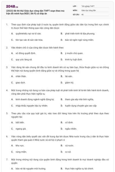 (2023) Đề thi thử Giáo dục công dân THPT soạn theo ma trận đề minh họa BGD ( Đề 9) có đáp án