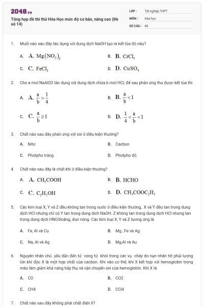 Tổng hợp đề thi thử Hóa Học mức độ cơ bản, nâng cao (Đề số 14)