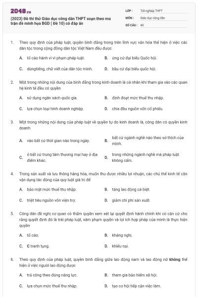 (2023) Đề thi thử Giáo dục công dân THPT soạn theo ma trận đề minh họa BGD ( Đề 10) có đáp án