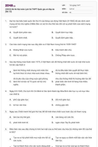 (2023) Đề thi thử môn Lịch Sử THPT Quốc gia có đáp án (Đề 13)