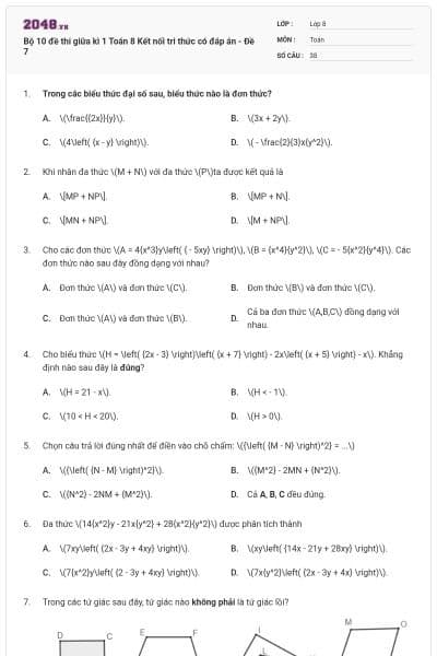 Bộ 10 đề thi giữa kì 1 Toán 8 Kết nối tri thức có đáp án - Đề 7