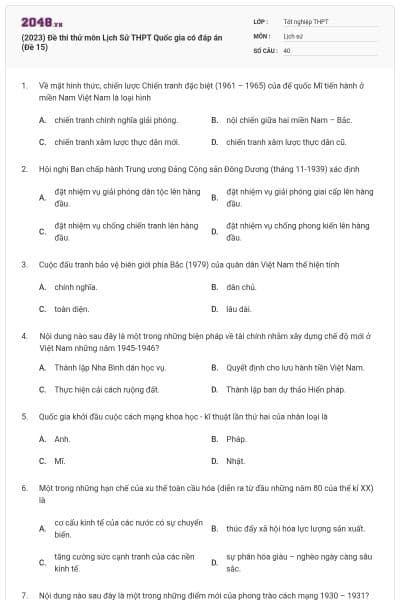 (2023) Đề thi thử môn Lịch Sử THPT Quốc gia có đáp án (Đề 15)