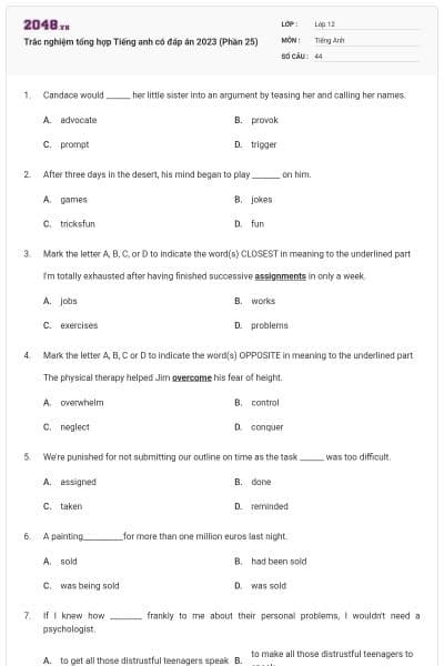 Trắc nghiệm tổng hợp Tiếng anh có đáp án 2023 (Phần 25)