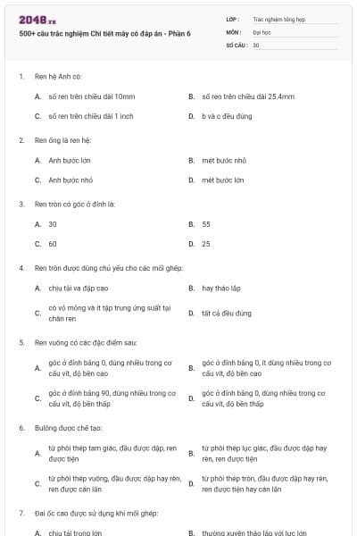 500+ câu trắc nghiệm Chi tiết máy có đáp án - Phần 6