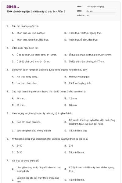 500+ câu trắc nghiệm Chi tiết máy có đáp án - Phần 8