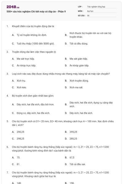500+ câu trắc nghiệm Chi tiết máy có đáp án - Phần 9