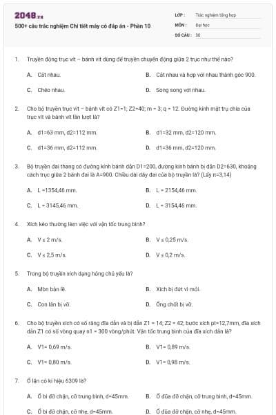 500+ câu trắc nghiệm Chi tiết máy có đáp án - Phần 10