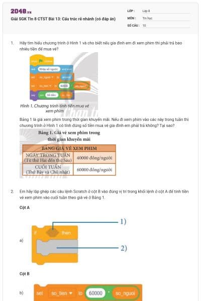 Giải SGK Tin 8 CTST Bài 13: Cấu trúc rẽ nhánh (có đáp án)