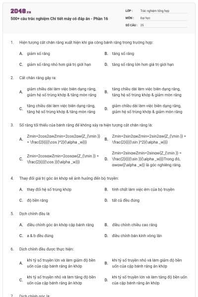 500+ câu trắc nghiệm Chi tiết máy có đáp án - Phần 16