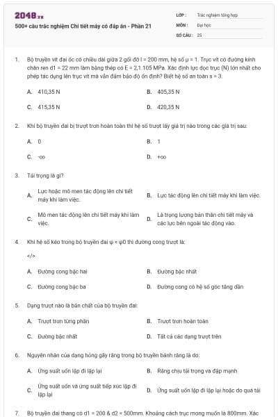 500+ câu trắc nghiệm Chi tiết máy có đáp án - Phần 21
