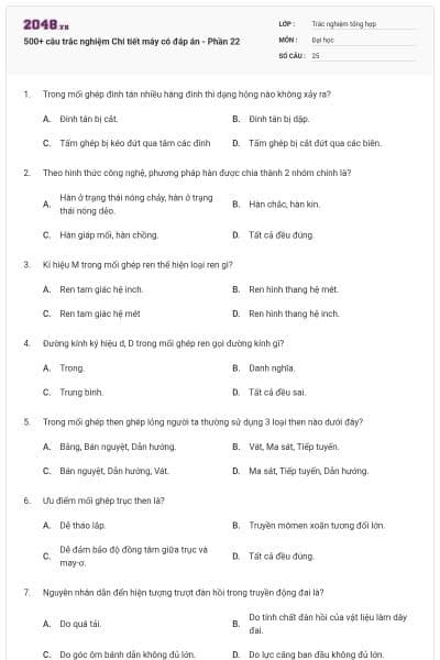 500+ câu trắc nghiệm Chi tiết máy có đáp án - Phần 22