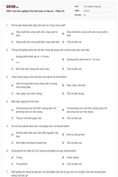 500+ câu trắc nghiệm Chi tiết máy có đáp án - Phần 23