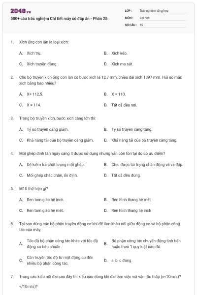 500+ câu trắc nghiệm Chi tiết máy có đáp án - Phần 25