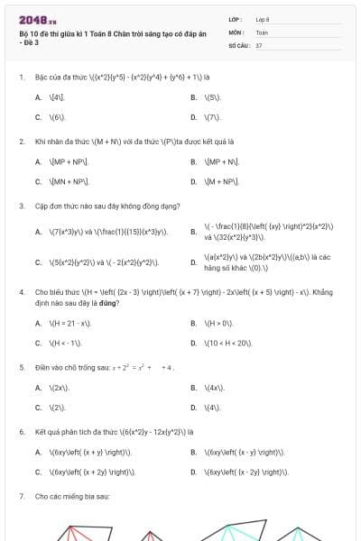 Bộ 10 đề thi giữa kì 1 Toán 8 Chân trời sáng tạo có đáp án - Đề 3