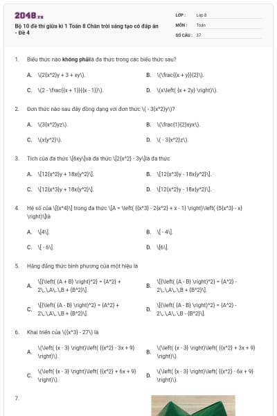 Bộ 10 đề thi giữa kì 1 Toán 8 Chân trời sáng tạo có đáp án - Đề 4