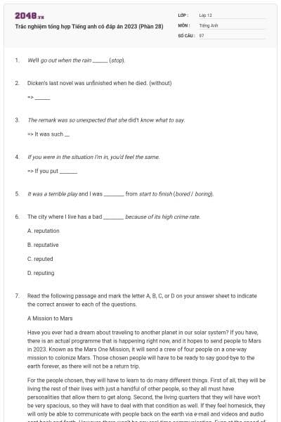 Trắc nghiệm tổng hợp Tiếng anh có đáp án 2023 (Phần 28)