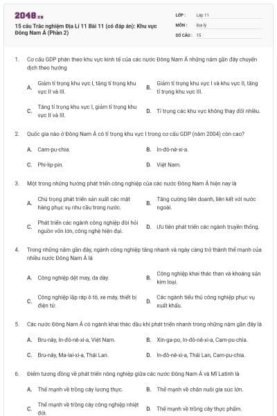 15 câu Trắc nghiệm Địa Lí 11 Bài 11 (có đáp án): Khu vực Đông Nam Á (Phần 2)