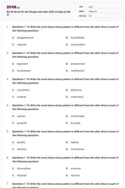 Bộ 20 đề ôn thi vào Chuyên Anh năm 2023 có đáp án (Đề 4)