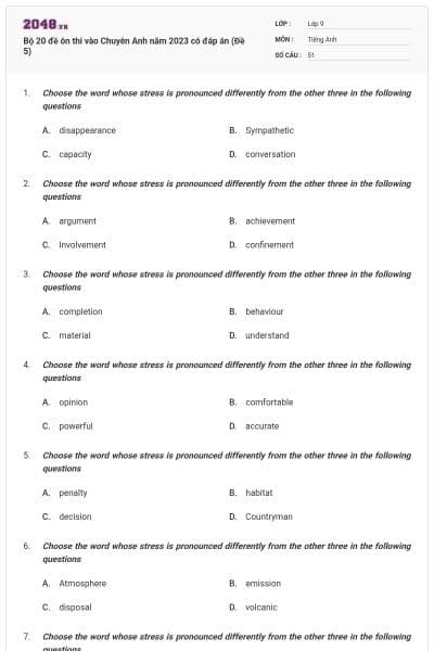 Bộ 20 đề ôn thi vào Chuyên Anh năm 2023 có đáp án (Đề 5)