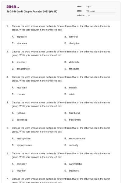 Bộ 20 đề ôn thi Chuyên Anh năm 2023 (Đề 68)