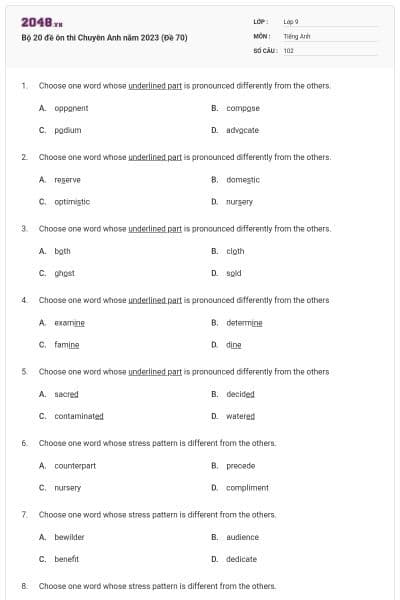 Bộ 20 đề ôn thi Chuyên Anh năm 2023 (Đề 70)