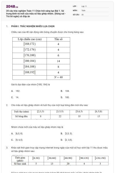20 câu trắc nghiệm Toán 11 Chân trời sáng tạo Bài 1. Số trung bình và mốt của mẫu số liệu ghép nhóm. (Đúng sai - Trả lời ngắn) có đáp án