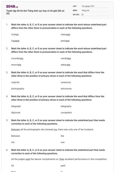 Tuyển tập đề thi thử Tiếng Anh cực hay có lời giải (Đề số 30)